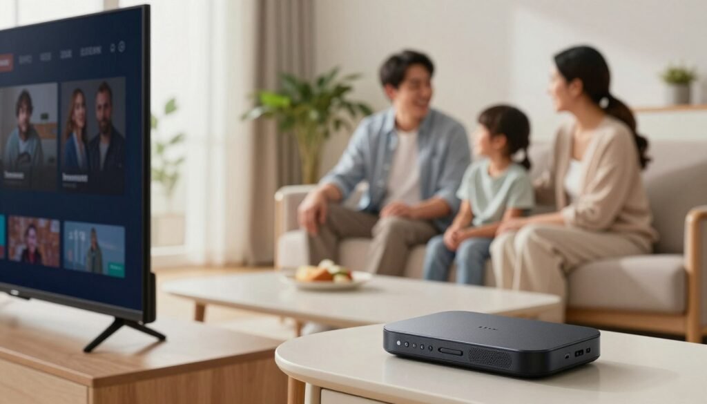 A modern living room setup showcasing a user-friendly multimedia experience, highlighting the ease of installation for a streaming device. In the foreground, a sleek, user-friendly remote control rests on a coffee table beside a modern smart television. In the middle, a family is gathered around the TV, with two adults and a child absorbed in watching content, dressed in casual yet tidy clothing, demonstrating a relaxed family moment. The background features an inviting, well-lit space with soft, natural light coming through large windows, and a few decorative plants to enhance the cozy atmosphere. The camera angle is slightly elevated, focusing on the joyful interaction as they navigate the intuitive interface of the streaming device, embodying a sense of convenience and satisfaction. A modern living room setup showcasing a user-friendly multimedia experience, highlighting the ease of installation for a streaming device. In the foreground, a sleek, user-friendly remote control rests on a coffee table beside a modern smart television. In the middle, a family is gathered around the TV, with two adults and a child absorbed in watching content, dressed in casual yet tidy clothing, demonstrating a relaxed family moment. The background features an inviting, well-lit space with soft, natural light coming through large windows, and a few decorative plants to enhance the cozy atmosphere. The camera angle is slightly elevated, focusing on the joyful interaction as they navigate the intuitive interface of the streaming device, embodying a sense of convenience and satisfaction.