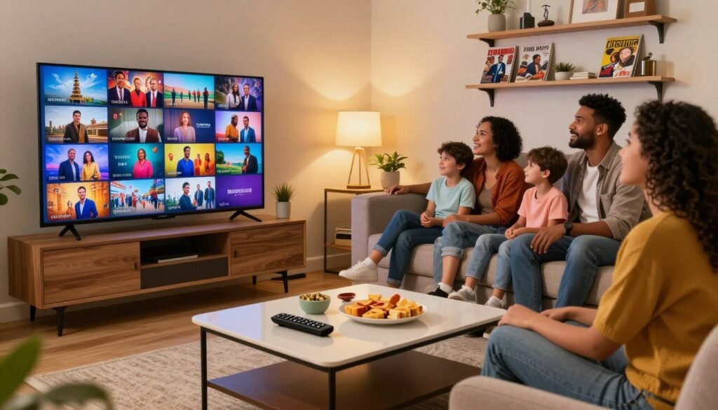 A vibrant and engaging living room setup showcasing a large-screen television displaying a collage of international channels. In the foreground, a stylish coffee table features remote controls and snacks, inviting viewers to enjoy a viewing experience. The middle ground includes a cozy sofa where a family is gathered, depicting diverse individuals dressed in casual attire, joyfully watching TV together. In the background, elegant shelves display decor and magazines that hint at various cultures. The scene is well-lit with warm, ambient lighting, creating a welcoming atmosphere. The camera angle is slightly elevated to capture the entire layout, emphasizing the unity and shared enjoyment of television viewing across different cultures. A vibrant and engaging living room setup showcasing a large-screen television displaying a collage of international channels. In the foreground, a stylish coffee table features remote controls and snacks, inviting viewers to enjoy a viewing experience. The middle ground includes a cozy sofa where a family is gathered, depicting diverse individuals dressed in casual attire, joyfully watching TV together. In the background, elegant shelves display decor and magazines that hint at various cultures. The scene is well-lit with warm, ambient lighting, creating a welcoming atmosphere. The camera angle is slightly elevated to capture the entire layout, emphasizing the unity and shared enjoyment of television viewing across different cultures.